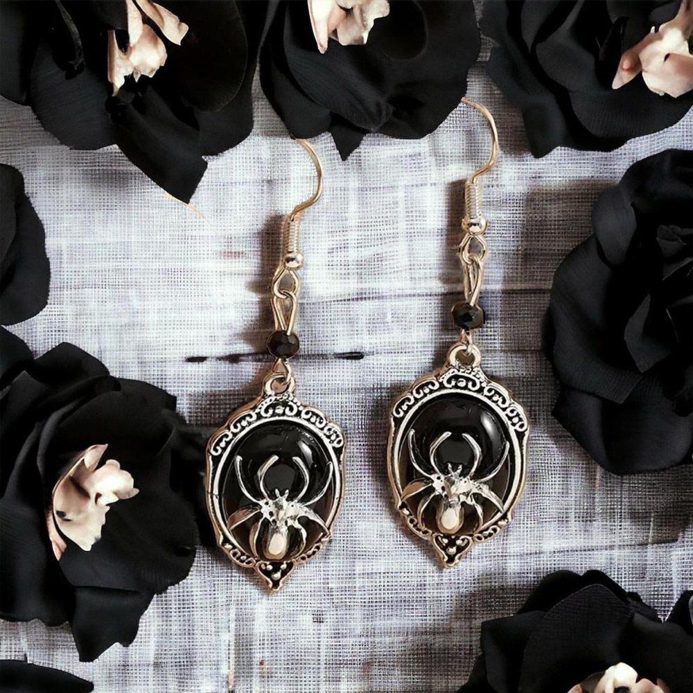 Gothic Retro Style Black Gemstone Spider Earrings Faux Fashion Jewelry‎